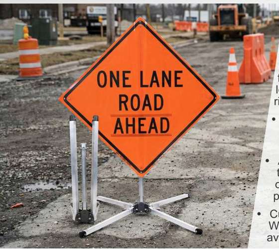 Eastern Metal roll-up sign on a compact stand in a work zone